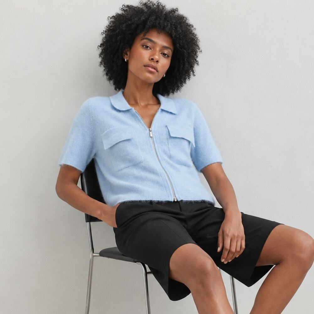 ALIGNE Erika Brushed Wool Knitted Shirt Womens L Blue Short Sleeve Full Zip